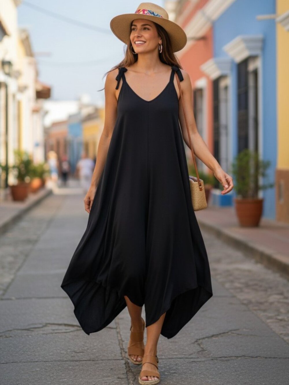 Vince Camuto Black Rayon Draped Harem Jumpsuit Tie Shoulder V Neck Sz XS